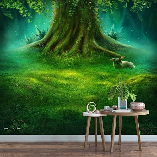 GIVLWF Papier Peint Intissé de Grand Arbre Dans La Forêt Verte Enchantée, Lapin Magique Déco de La Maison - Pour Salon Chambre D'enfant Décoration Murale 430 x 300 cm