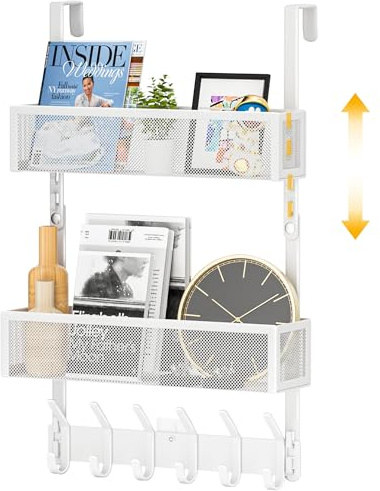 LUCYCAZ Adjustable Over Door Hanger Hooks, Door Hanger Storage with 10 Coat Hooks & 2 Mesh Basket, Over The Door Hooks Towel Rack Door Organizer for Bathroom,Bedroom,Kitchen (White)