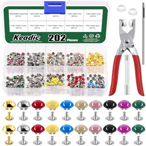 Keadic 404Pcs 5mm Leather Rivets Assortment Set with Setting Tools, 10 Colors Double Round Cap Leathercraft Metal Studs for Shoes Belts Purse Handbags DIY