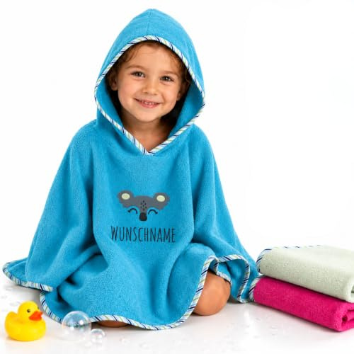 my STITCHERY Badeponcho Kinder mit Namen Bestickt, Oeko-TEX® Standard 100 - Personalisiertes Kapuzenhandtuch aus Reiner Baumwolle mit gesticktem Namen und Motiv (Petrol)