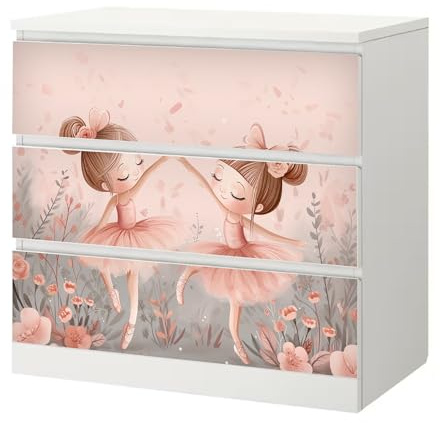 Möbelfolie Ballerina Floral passend für Ikea Malm Kommode 3 Schubladen | Selbstklebende Schrankfolie für glatte Schubladenfronten Klebefolie Kinderzimmer Schlafzimmer DIY Upcycling 3 Schubladen