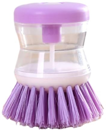 KMOCEPLY Dish Cleaning Brushes Dish Brush with Holder Soap Dispensing Washing Up Scrubber Refillable Kitchen Dishwasher Palm Scrubbing Brush with Soap Dispenser Kitchen Cleaning Accessory (Purple)