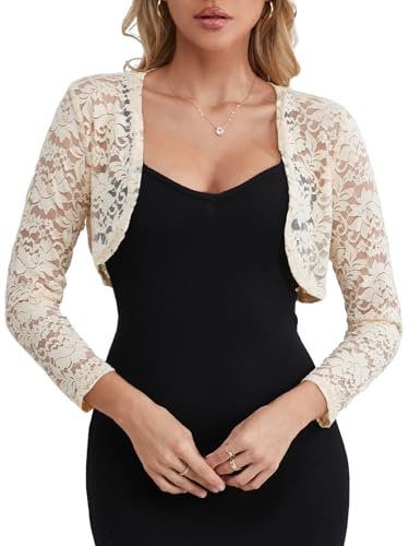 fuinloth Bolero Shrugs for Women Lace Cardigan Wedding Long Sleeve Elegant Apricot