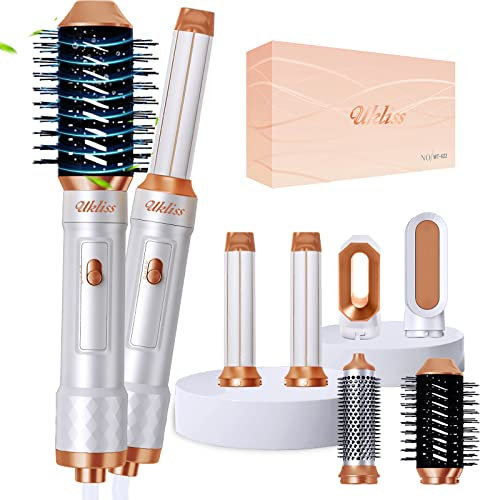 UKLISS 6 i 1 Airstyler Set, 1000W hårtork med 6 tillbehör, Hårtork Air Bigoudi Hot Brush Massage Hot Brush, för alla hårtyper Volumizing, Curling, Straightening, Styling