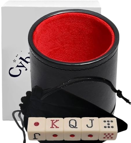 Spanish Dice Cup Deluxe Set, PU Leather Premium Cup with Reinforced Base Trim, Soft Cushioned Felt Lining and Ivory Tone Spanish Poker Dice with Pouch (Gift Boxed) - Cubilete Dados Cubanos Mexicano