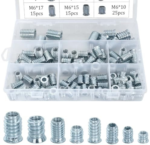 100 Pcs Threaded Inserts for Wood, M6/M8/M10 Female Thread Knurled Nuts, Hex Socket Drive Nut Fasteners, Galvanised Steel Threaded Insert Screw with Box, Screw-in Nuts, for Wood Furniture