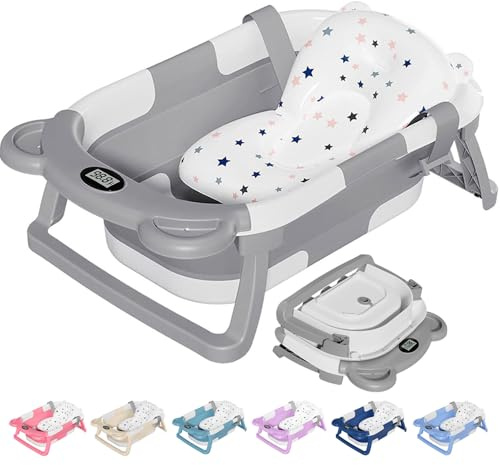 TPN Hopfällbart babybadkar för spädbarn till småbarn med temperaturmonitor i realtid + flytande kudde, hopfällbart set för baby tillämpligt 0–36 månader, perfekt bärbart resebabybadkar för nyfödda
