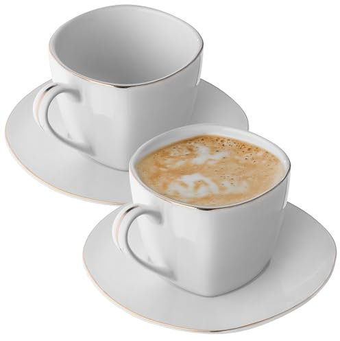 KADAX Juego de 2 tazas con platillos de porcelana, 250 ml, apilables con platillos para té, café y capuchino (cuadrado-blanco)