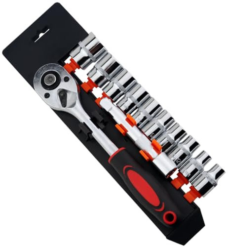 HENYQANN 12 Pezzi Set di Chiavi a Bussola a Cricchetto Reversibile da 1/2 Set di Chiavi a Cricchetto CR-V Inserti per Punte Esagonali da 8-24 mm e Prolunga Adattatore da 1/2 (5 Pollici)