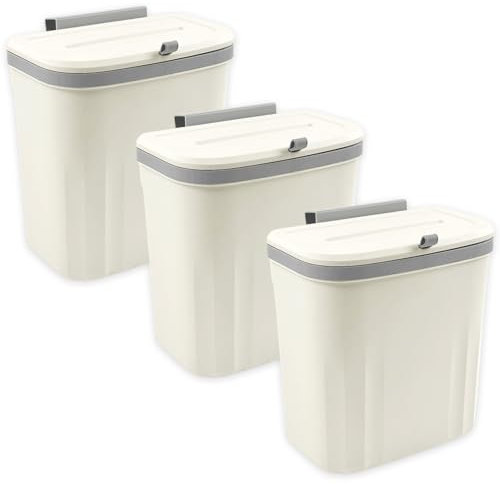Paquete de 3 cubos de basura colgantes con tapa, 10 litros, contenedor de abono de cocina para encimera o debajo del fregadero, cesta de basura pequeña de plástico montada en la pared para armario,