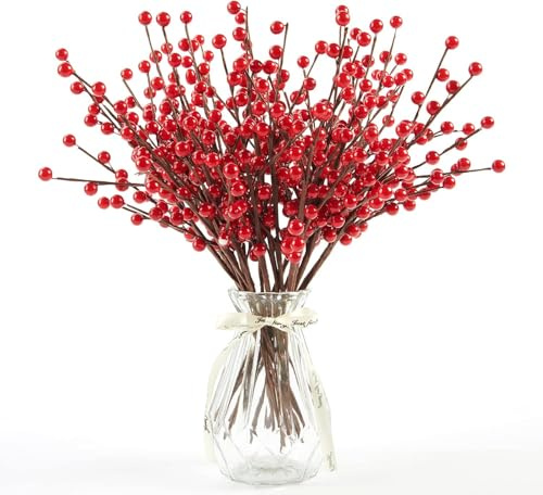joyhalo 36 rote Beerenstiele – 32,6 cm Stechpalmenbeerenstiele, rote Beeren, Weihnachtsdekoration, rote Beerenspieße für Weihnachtsbaumfüller, Zweige, künstliche Cranberries, Ornamente, Basteln