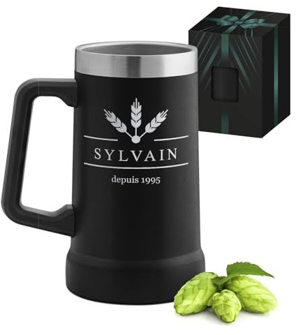 Maverton Mug Isotherme Personnalisable Noir 700 ml, Verre a Biere en Inox | Mug avec Anse, Idee Cadeau Homme, Cadeau Personnalisé pour Amateur de Bière avec prénom gravé Laurier