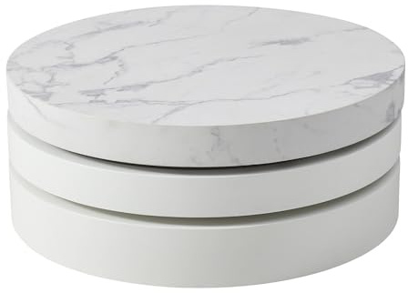 Vente-unique - Table Basse pivotante Ronde avec 1 Niche en MDF - Effet marbre Blanc et Blanc laqué - Janita