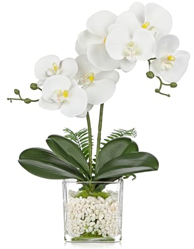 White Orchids Artificial Flowers 16.1 Faux Orchids Plant in Pot Fake Flower Arrangements with Glass Vases Small White Centerpieces for Kitchen Dining Room Tables Bathroom Nightstand Shelf Desk Decor