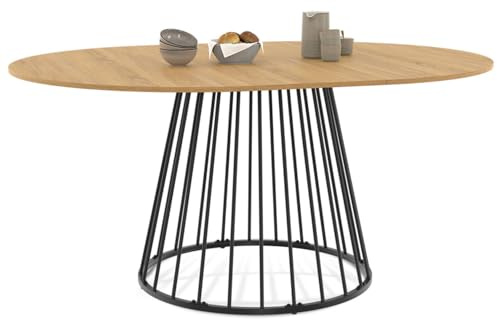 IDMarket - Tavolo da pranzo rotondo allungabile YUNA 4-8 persone con piano in legno e gamba in filo metallico nero 110-150 cm