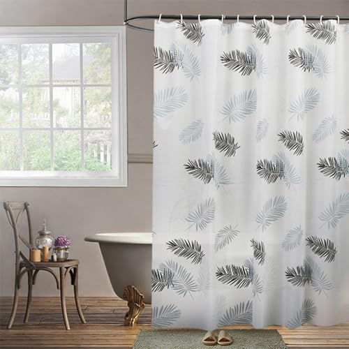 Lkw Ogechi Duschvorhang Anti Schimmel 200x200cm mit Haken, Plastik Wasserdicht Duschvorhang, PEVA Halbtransparent Waschbar Weiß Badezimmervorhang mit Schwarze Blätter