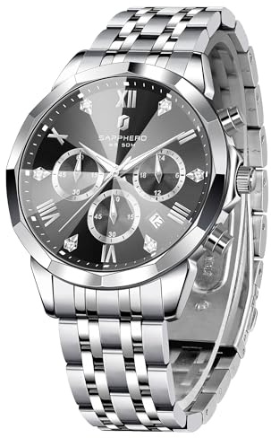 SAPPHERO Montre Homme Chronographe Diamant Affaires Etanche Analogique Quartz Montre en Acier Inoxydable Lumineuses Date Classique Luxe Montres Cadeau élégant pour Hommes