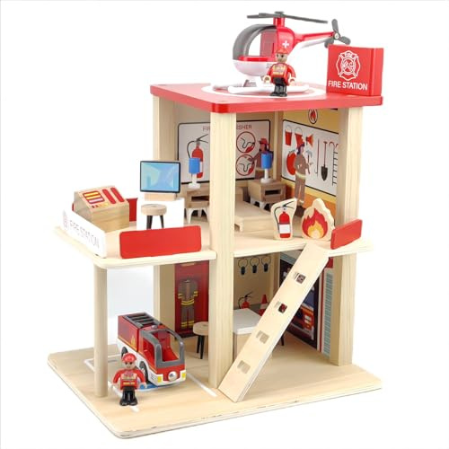Holz-Feuerwehr-Spielset, Puppenhaus mit Feuerwehrauto, Hubschrauber, Feuerwehrleuten und Zubehör, Vorschul-Lern-Rollenspiel, Lernspielzeug für Kleinkinder, Kinder ab 3 Jahren