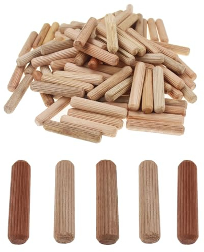 Nihfien 100 Pcs 3/8 x1-1/2 (10x40 mm) Wooden Dowel Pins, Straight Grooved Fluted Wood Dowel Rods for Drawer Furniture Door Hardwood Craft Woodworking