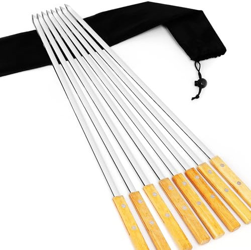 GXFCING 8 Piezas Brochetas Barbacoa Planas de Acero Inoxidable 55 cm Brochetas Extralargas con Mango de Madera Brochetas de Barbacoa Reutilizables Pinchos de Metal