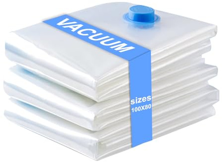 HNCY Bolsas Vacio Ropa Material de PE+PA Reutilizables con Cremallera y Válvula de Sellado, 3 Piezas (100x80cm), Bolsas de Vacio para Ropa Ahorra Espacio para Edredones, Almohadas, Mantas