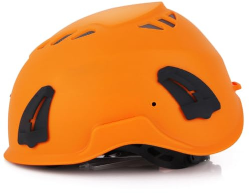 Orange Vented Rock Climbing Safety Helmet Adjustable Strap | Lightweight Plastic Build, Ventilation System, Hiking and Outdoor Sports Use, Comfortable Wear Fit