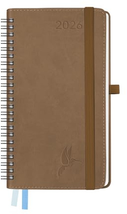 FEKSINO Taschenkalender 2026 Klein Ringbuch 18 x 9,8 cm | Kalender Terminplaner 2026 Wochenplaner 1 Woche 2 Seiten,12-Monate(Jan.-Dez.) mit PU-Leder Softcover, Braun