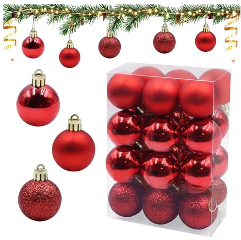 Primasage 24 Stück Weihnachtskugeln Rot, 4 cm Weihnachtsbaum Kugeln Mini Weihnachtsbaumkugeln Plastik für Innen und Außenbereich Weihnachtsbaum Wohnzimmer