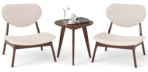 COSTWAY 3-TLG. Sessel mit Beistelltisch, Loungesessel gepolstert mit Massivholzrahmen, Kleiner Tisch mit 2 Stühlen, Relaxsessel Set für Wohnzimmer, Esszimmer, Arbeitszimmer (Beige)