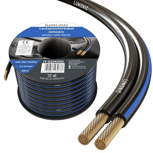 Lumonic Cavi per altoparlanti | 100m Nero | 2x 2,5mm² CCA | Marcatura blu Cavo per diffusori HiFi | Linea audio doppia