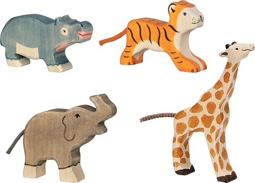 Holztiger 80632 Wilde Tiere Tierkinder – Set mit 4 niedlichen Spielfiguren aus Holz- Elefant, Giraffe, Tiger, Nilpferd – handbemalte Spielzeugtiere für Kinder, Made in Europe