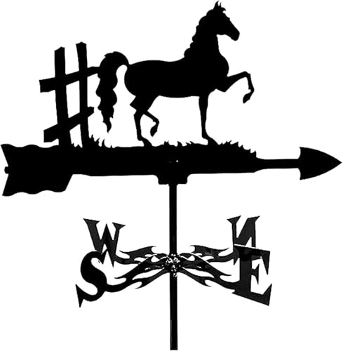 Veleta de metal rústica para caballos, brújula decorativa para jardín, indicador de dirección del viento, diseño de silueta negra con soporte de poste de valla