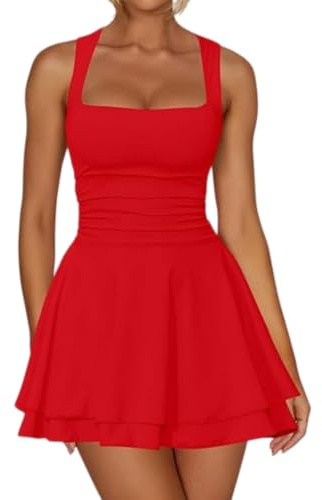 Sukiglam Women's Mini Dress Sexy Sleeveless Square Neck Double Layers Ruffle Short Dresses High Waist Slim Fit Swing Going Out Dress Summer Elegant A Line Flare Dresses for Club Party Cocktail Red