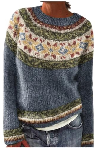 Ladies Fairisle Jumpers Long Sleeves Icelandic Sweaters for Women Autumn Winter Fairisle Clothes Nordic Retro Print Knitted Tops Crew Neck Soft Warm Pullover Soft Lightweight Sweatshirt for UK