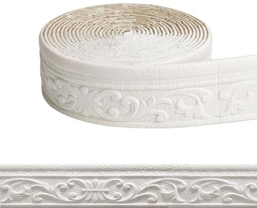 Chingcoo Bordüre Selbstklebend 3D Wand & Decke,Weiß Zierleisten Selbstklebend Wasserdicht, 10M×8CM×5MM Stuckleisten Wand aus XPE-Schaum, Roll Border Trims für Ecken Linien