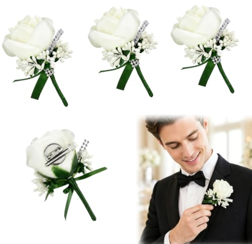 ZXBBTZ 4 PCS Rose Wedding Boutonniere, White Rose Boutonniere Handmade Corsage Buttonhole Flowers Artificial Wedding Flower Men's Buttonhole Clip for Groom Bridal Women Suit Dress Banquet Party Decor