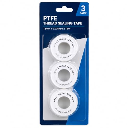 MAR PTFE Plumbers Tape, White Pipe Thread Seal Tape, 12mm x 12m, 3 Pack | 3 rolls PTFE plumbers thread seal tape, 12mm x 12m each. Seals pipe threads to stop leaks. For plumbing, taps, fittings & DIY