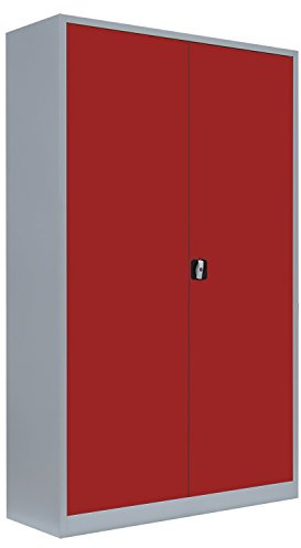 Flügeltürenschrank Aktenschrank grau/rot 195x120x60cm | komplett montiert, Metallschrank, abschließbar, Lagerschrank, Werkzeugschrank, 530384