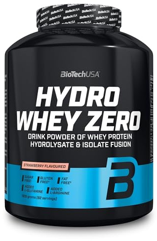 BioTechUSA Hydro Whey Zero | Glutenfri, sockerfri, fettfri | 80% proteininnehåll | Snabbt upptag | Vassleprotein komplex, 1.816 kg, Jordgubb | Hydrolyserat vassisolat | snabbt absorberbart | Med BCAA & glutamin | Fettfri, sockerfri, glutenfri | 1816 g, jordgubbar
