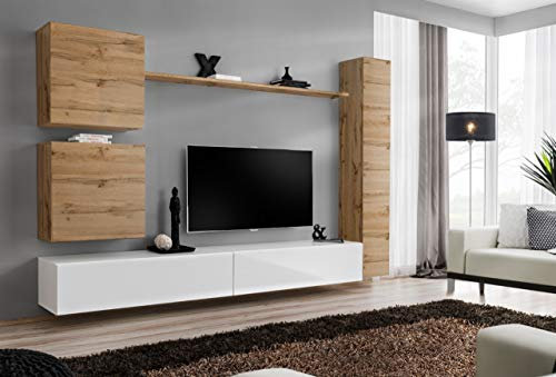All4All Wohnwand SW 8 - Wohnzimmermöbel - Schrankwand für Wohnzimmer - Wohnzimmerschrank - Anbauwand Hängend -Modern - Wotan+Weiß 21