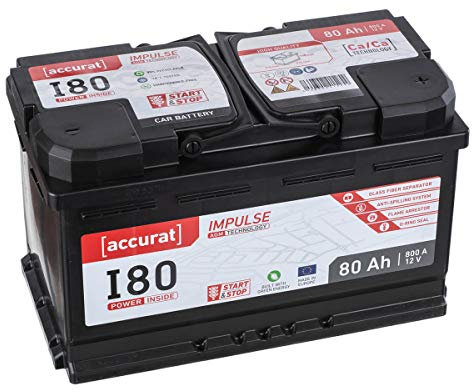 Accurat Impuls I80 AGM Autobatterie - 12V, 80Ah, 800A, zyklenfest, wartungsfrei, 30% mehr Startleistung, Ca-Technologie - Starterbatterie, Blei-Säure Batterie, Akku für Start-Stop & Hybrid Fahrzeuge