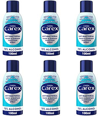 Carex Antibacterial Original Hand and Surface Santister Spray, 70 Percent Alcohol, Cleans, Cares and Protects, Bulk Buy, Pack of 6 100 ml