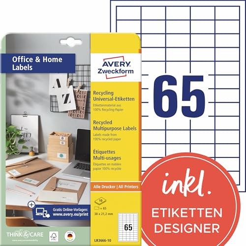 AVERY Zweckform LR3666-10 Recycling Etiketten (650 Adressaufkleber, 38x21,2mm auf A4, 100% recyceltes Altpapier, bedruckbare Universaletiketten, selbstklebende Klebeetiketten) 10 Blatt, naturweiß