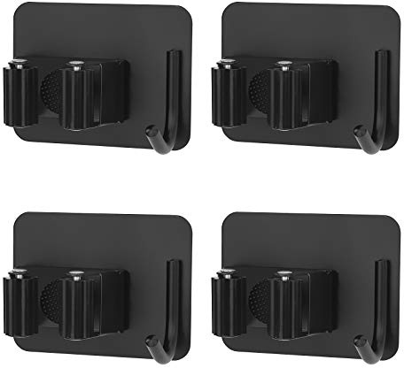 MaoXinTek Besenhalter zur Wandmontage, Edelstahl, selbstklebend, mit Haken, für Küche, Garten, Balkon, Garage, 4 Stück, Schwarz