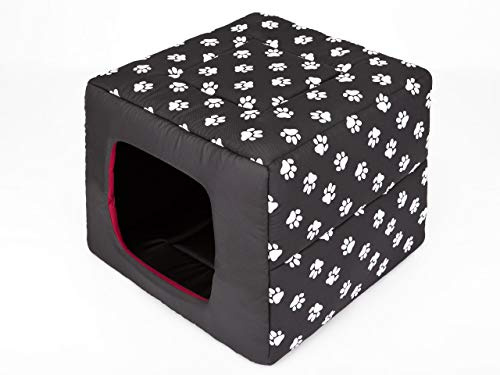 Hundehütte Hundebett 2in1 Hundehöhle Hundebett Hundehaus Tierbett schwarz mit Pfoten S 38x38 cm