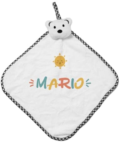 DEREGALOOS Doudou Personalizado para Bebé con Nombre. Manta de Apego Infantil Suave. Regalo Original para Nacimiento o Guardería. Diseño Oso con Ribete Cuadros.