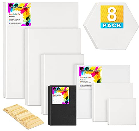 Stretched Canvases for Painting Multi Pack of 8，Assorted Small Size 4x4, 6x6, 8x8,4x6, 6x8, 8x10, 9x12, Blank Mini Art Paint Canvas for Acrylics, Oils,Include Tension Wedges & Hexagon Shapes