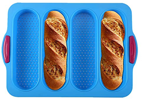 KeepingcooX Baguette Baking Tray Perforated French Bread Molds Pan for 4 Baguettes, Non Stick Silicone, 34x24 cm, Loaf Mould, Breadstick Rolls with Crispy Crusts