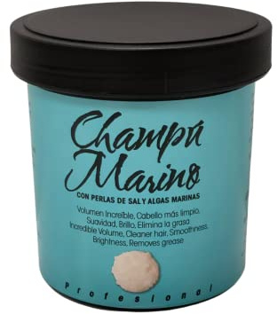CHAMPÚ DE SAL formulado a base de sal marina que proporciona brillo, cuerpo y volumen a los cabellos finos. Tamaño de 400 g.