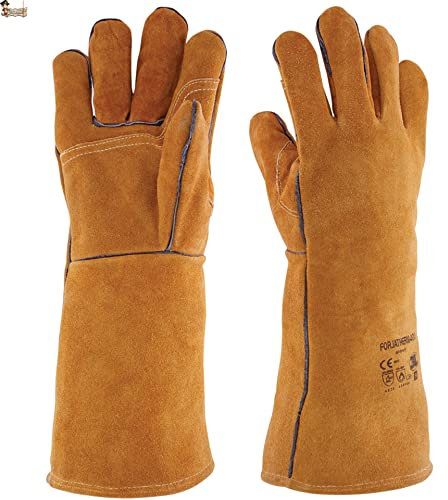 BricoLoco.com Guantes trabajo soldador. Soldadura profesional eléctrica hilo, electrodo. Largo 400 mm. Piel vacuno serraje. Refuerzo en palma. Forrados y cómodos. Talla 9. (6)